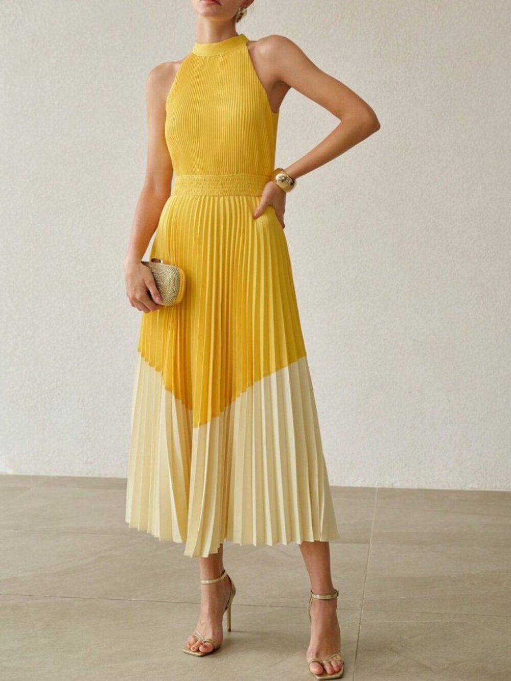 Yellow Colorblock Pleated Halter Smocked Waist Midi Dress